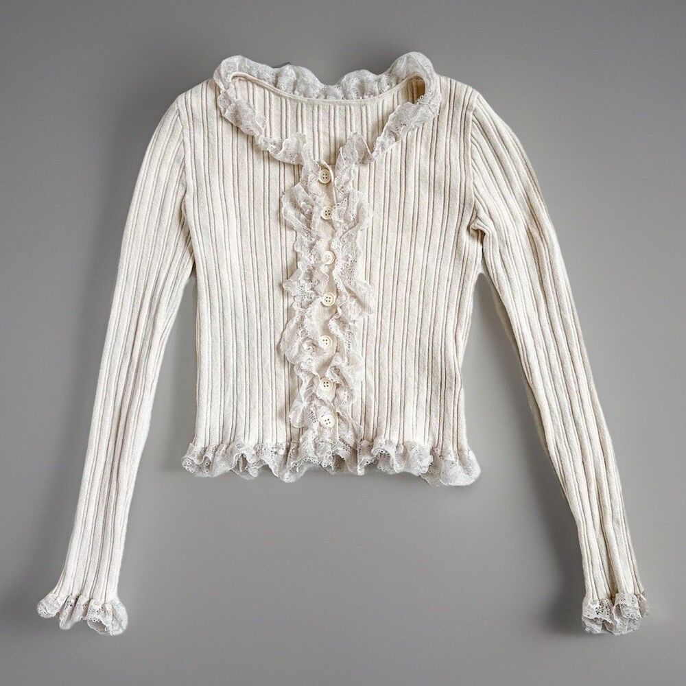 Scoop Neck Ruffle Lace Trim Ribbed Knit Blouse/Cardigan Women’s Small Fairy